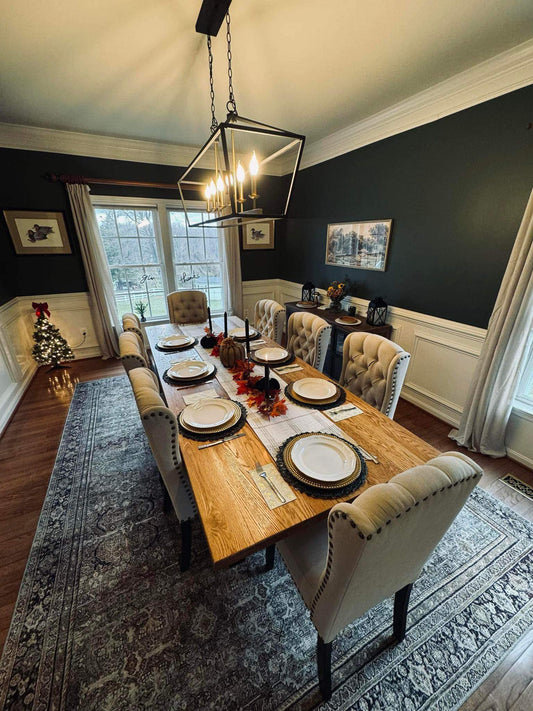 Custom dining table with upholstered chairs, example of beautiful custom furniture